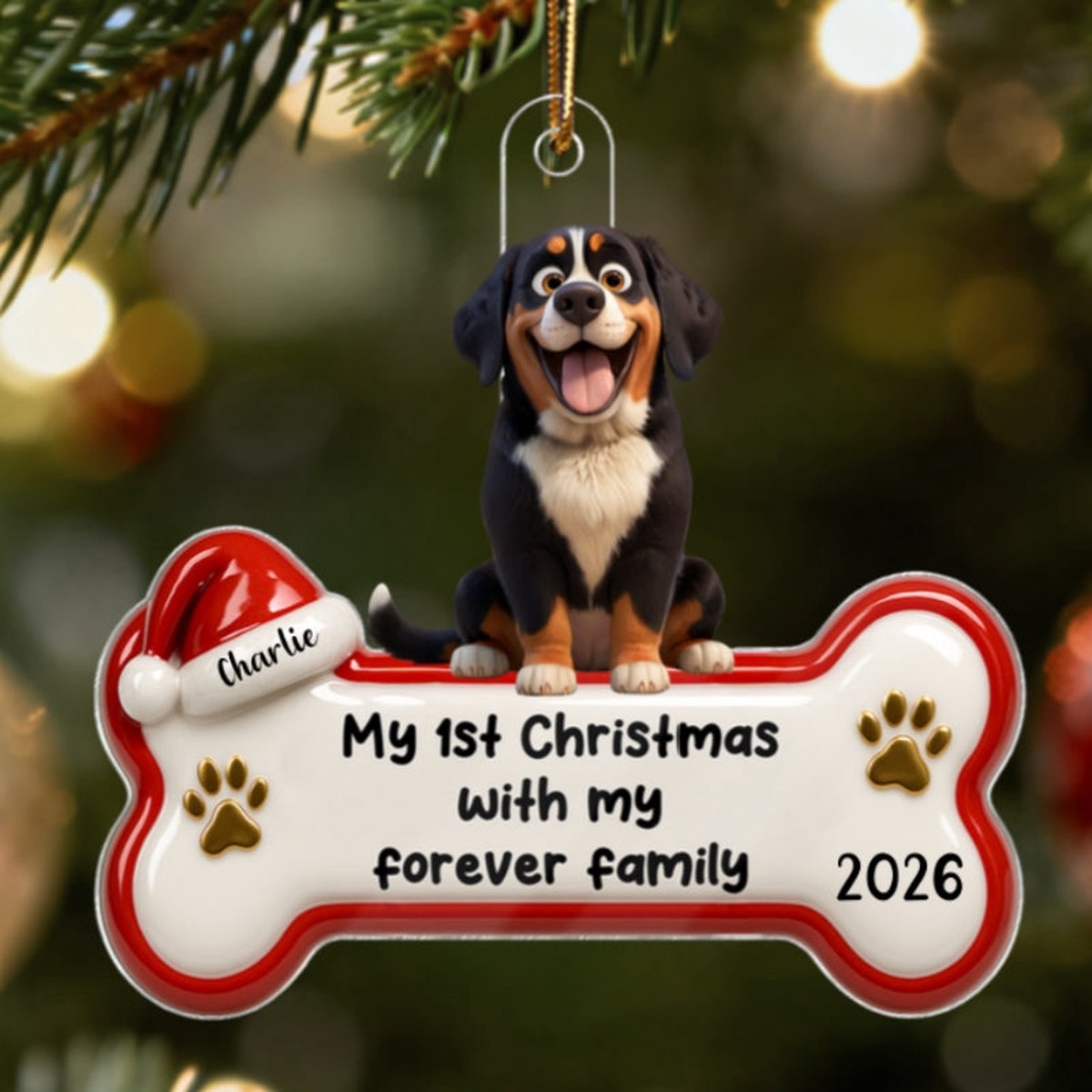 1st Christmas With Forever Family Cartoon Dog 3D Effect - Personalized Acrylic Ornament - Acrylic | 3.54" | 1 Ornament