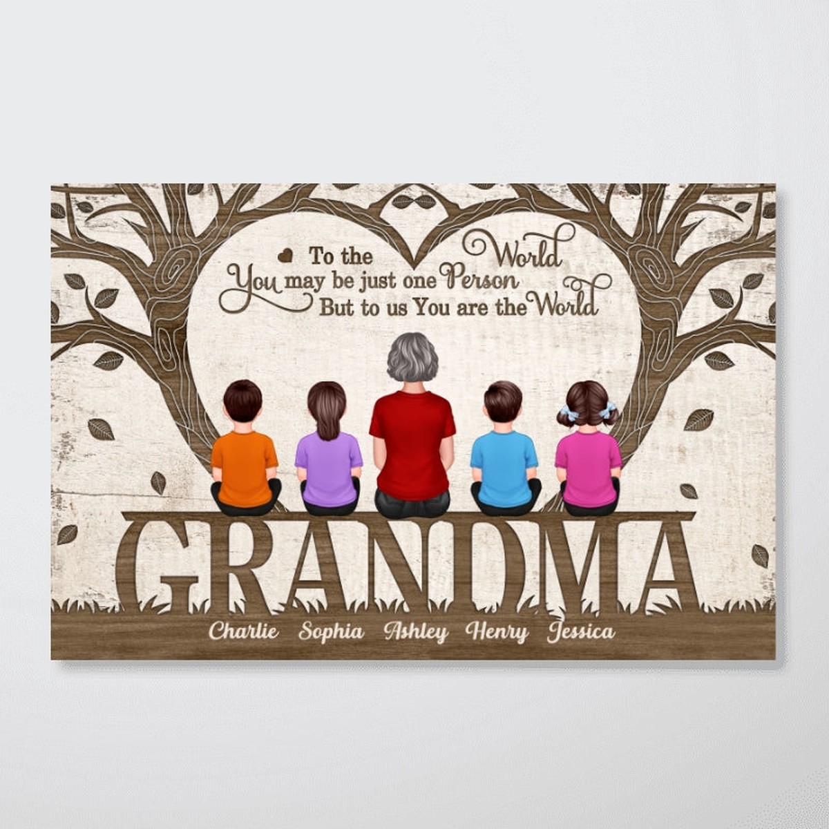 You Are The World Back View Grandma Grandchildren Sitting Under Tree Personalized Horizontal Poster - 12"x8"