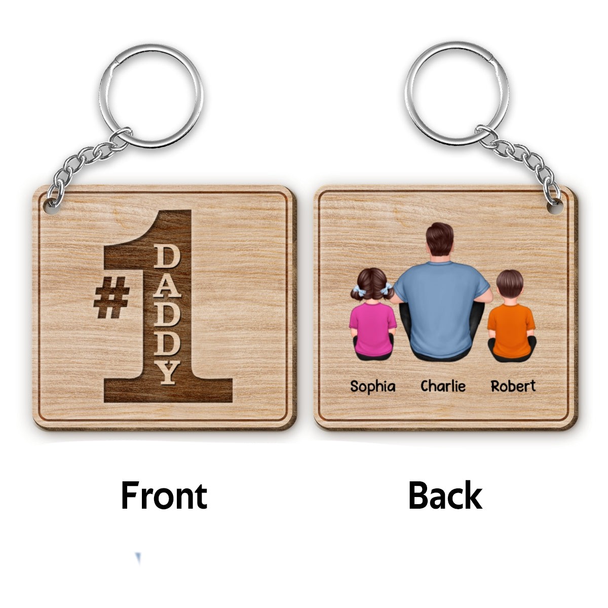 #1 Dad Grandpa Back View Sitting Personalized Wooden Keychain - Wood | 1 Keychain