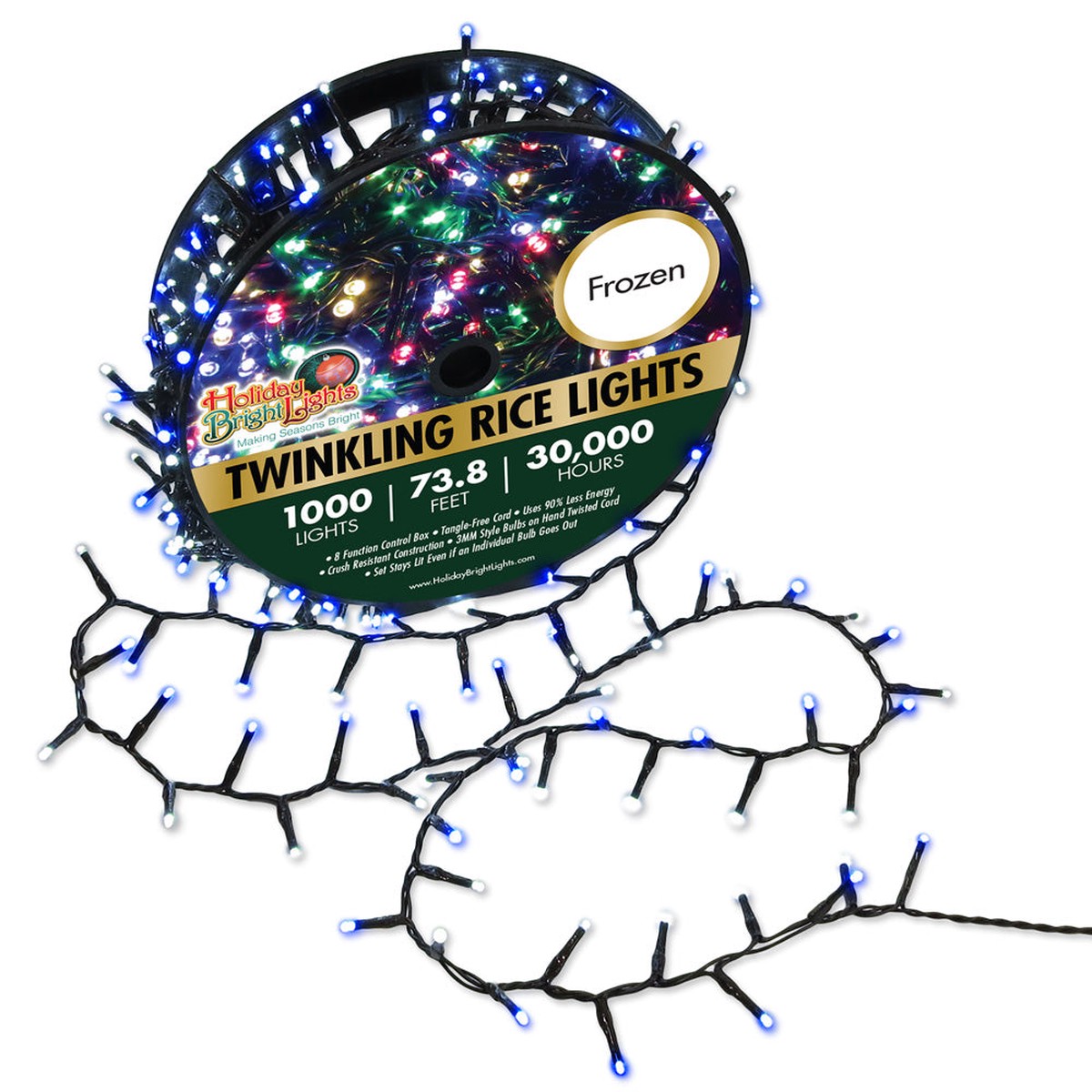 1,000 Twinkling LED Compact Rice Christmas Lights on a Reel - Blue & White