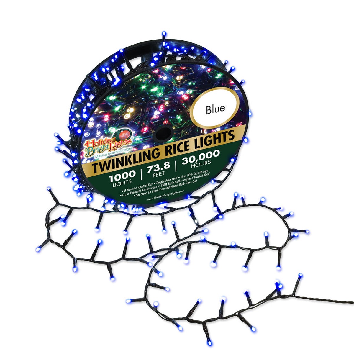 1,000 Twinkling LED Compact Rice Christmas Lights on a Reel - Blue