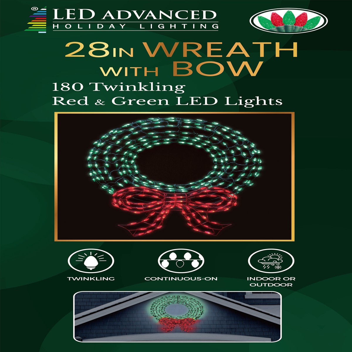 Twinkling Green LED Wreath Sculpture with Red Bow - 28 inch Wreath with 180 Lights