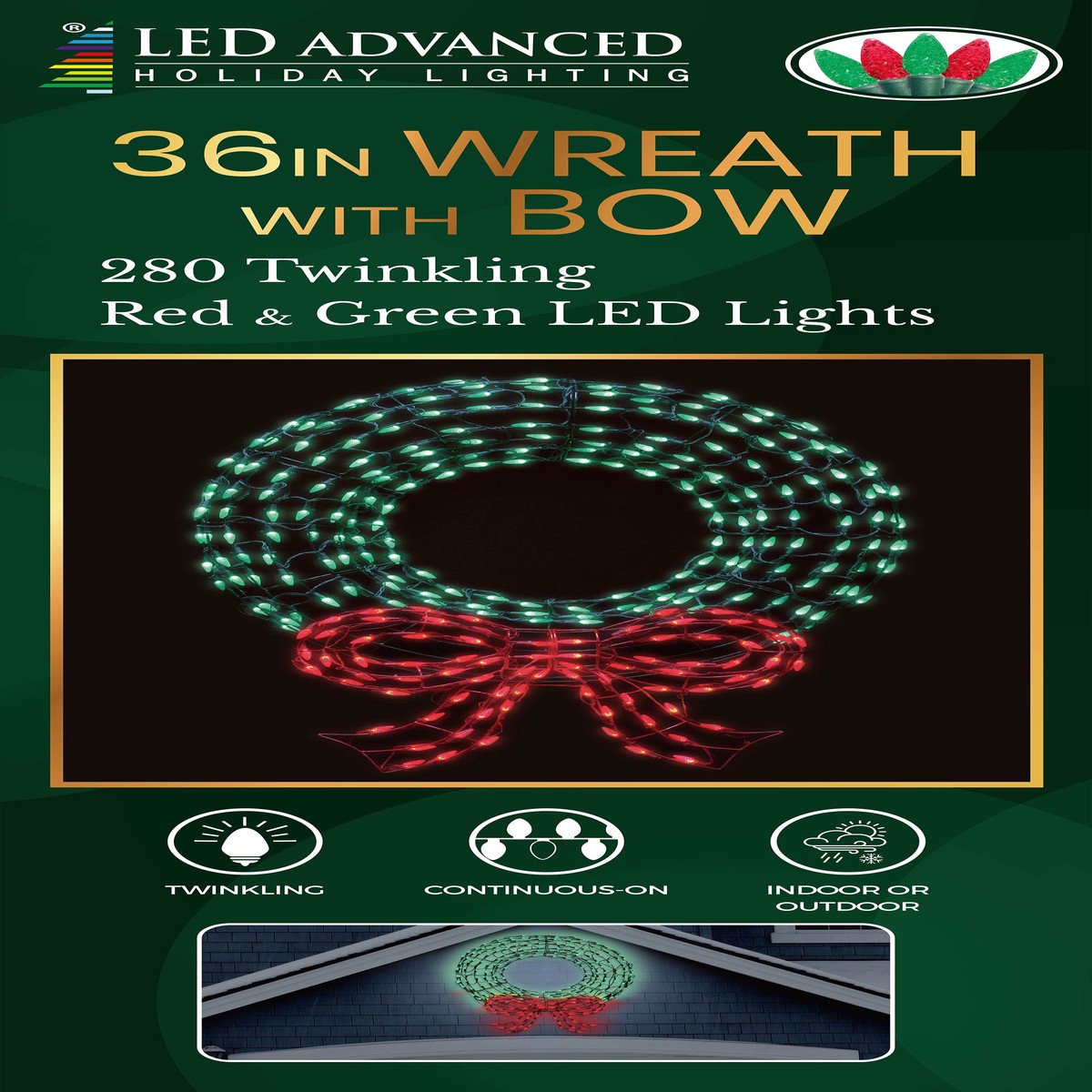 Twinkling Green LED Wreath Sculpture with Red Bow - 36 inch Wreath with 280 Lights