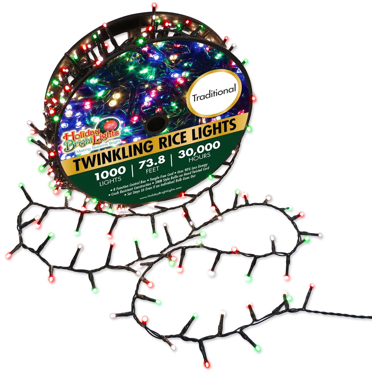 1,000 Twinkling LED Compact Rice Christmas Lights on a Reel - Red, Green & White