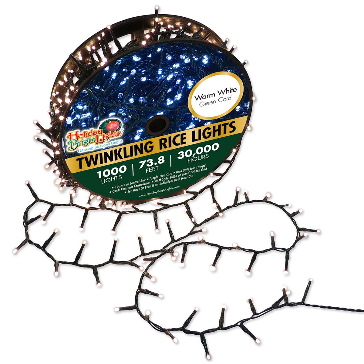 1,000 Twinkling LED Compact Rice Christmas Lights on a Reel - Warm White