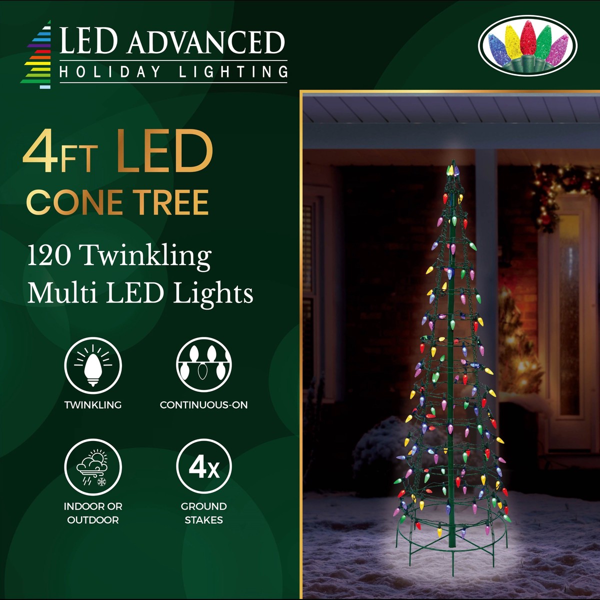 Wire Cone Tree Outdoor Decoration with Multi Twinkling C5 LED Lights - 4 ft. Tree with 120 Lights