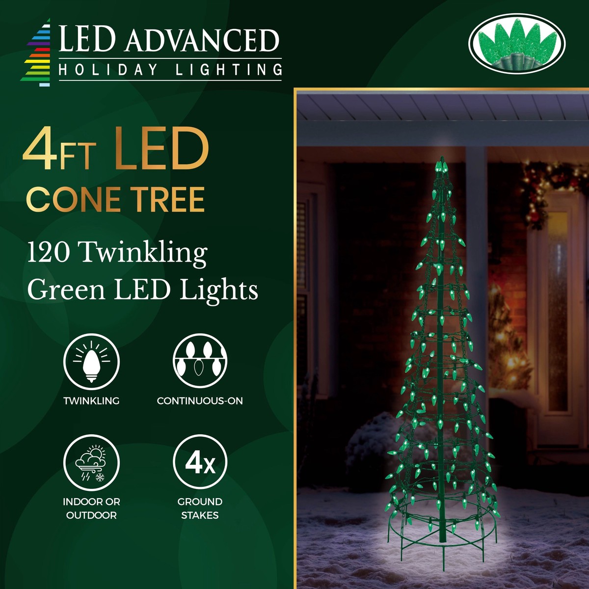 Wire Cone Tree Outdoor Decoration with Green Twinkling C5 LED Lights - 4 ft. Tree with 120 Lights