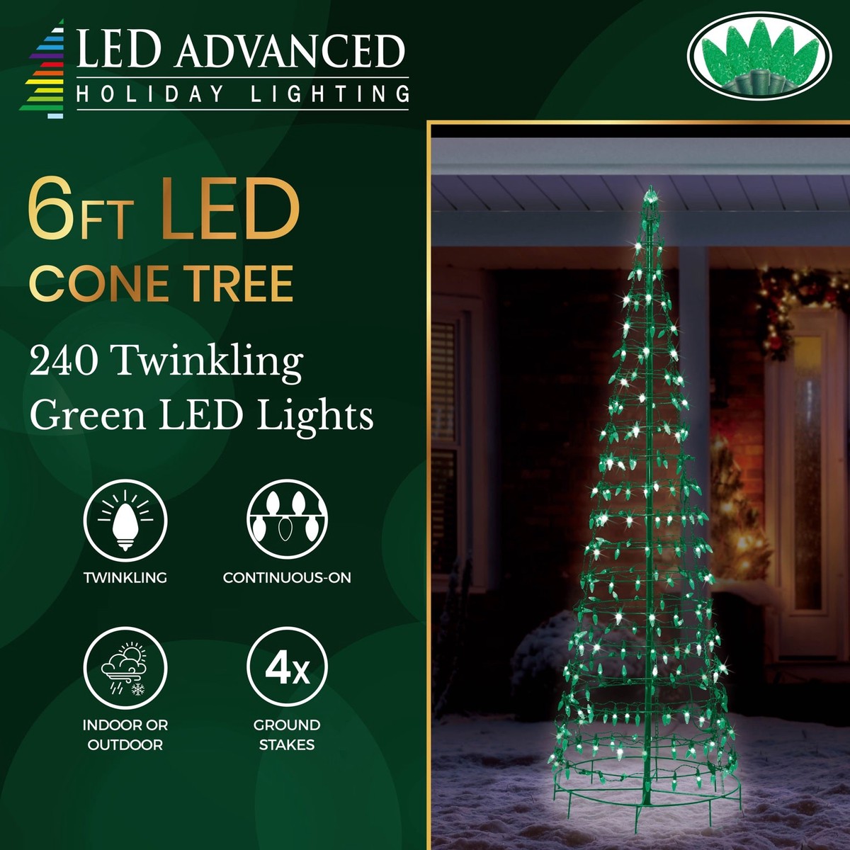 Wire Cone Tree Outdoor Decoration with Green Twinkling C5 LED Lights - 6 ft. Tree with 240 Lights