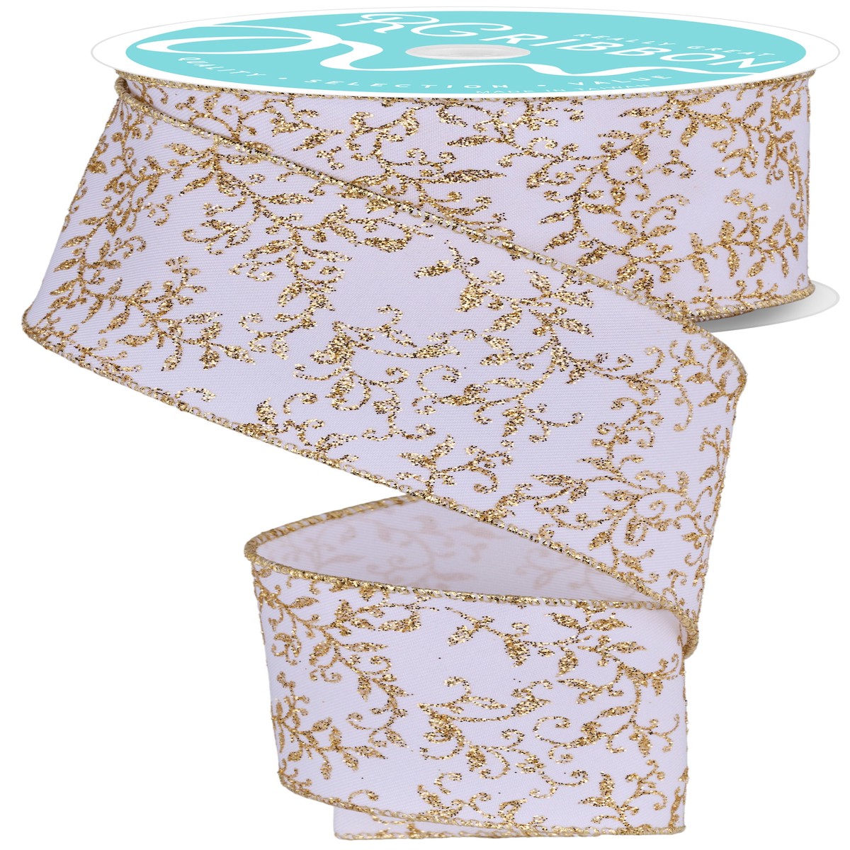 10 Yards of White Polyester Ribbon with a Gold Glitter Mini Leaf Vine Design