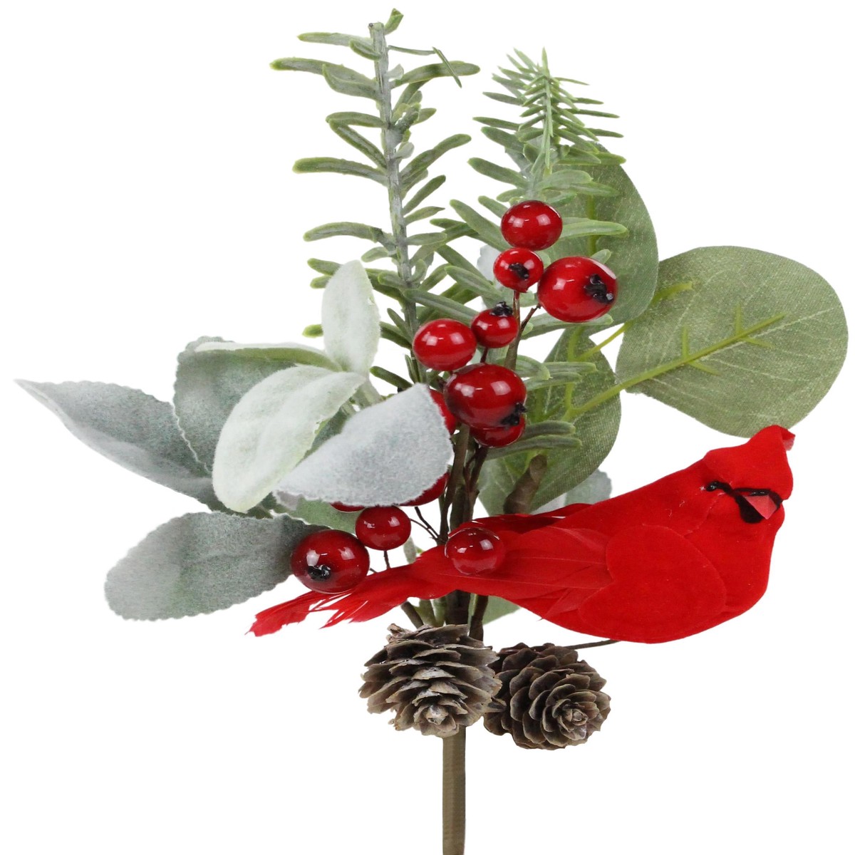 10" Eucalyptus Pick Spray with Berries, Cardinal and Pine Cones
