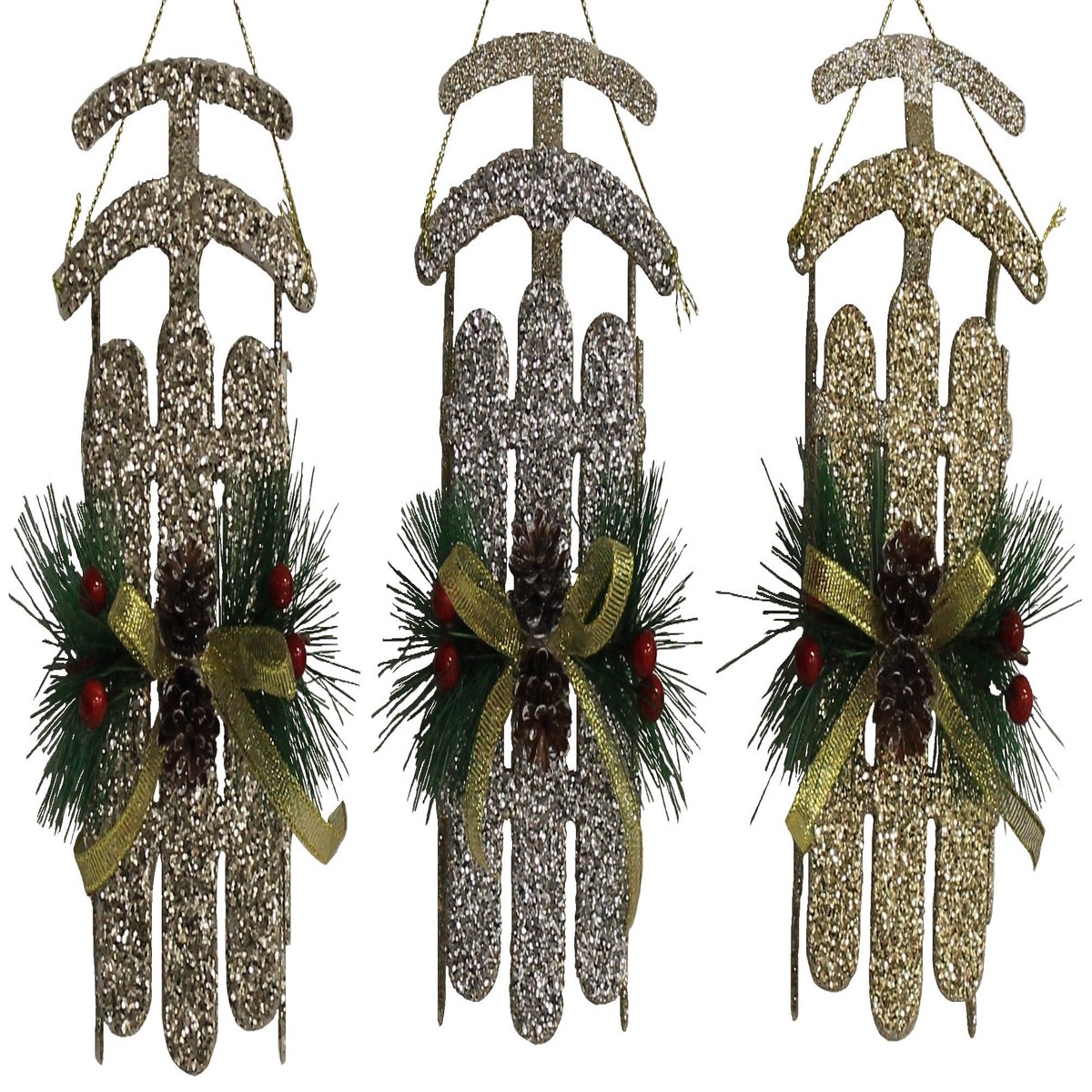 Rustic Glitter Sled Ornaments (Champagne/Gold/Silver)