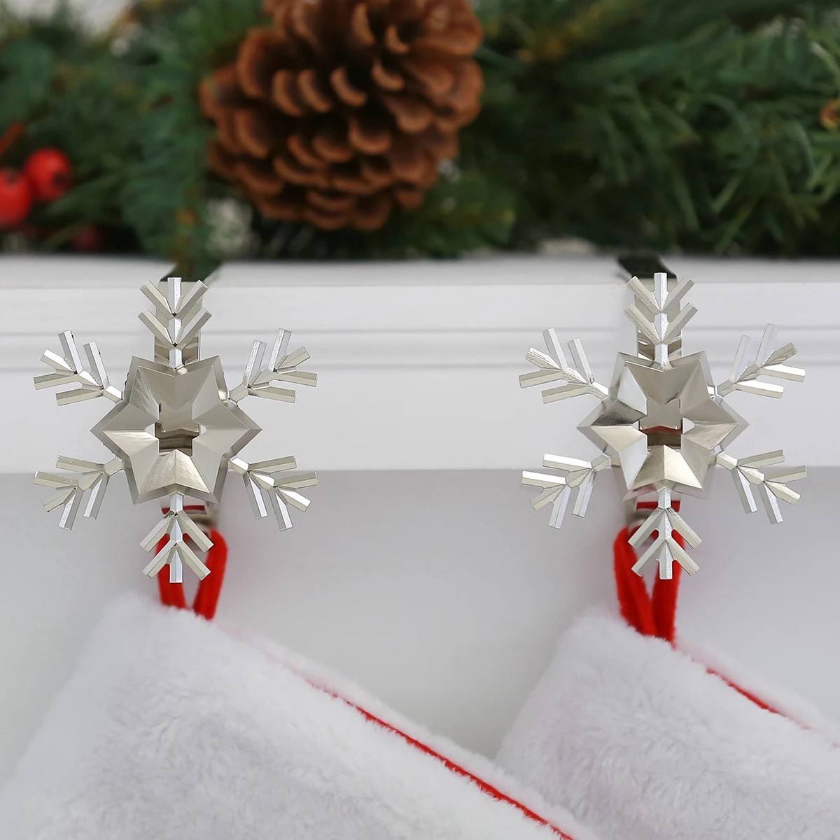 The Original MantleClip Stocking Holder with Removable Metal Holiday Icons, 2 Pack - Silver Snowflakes